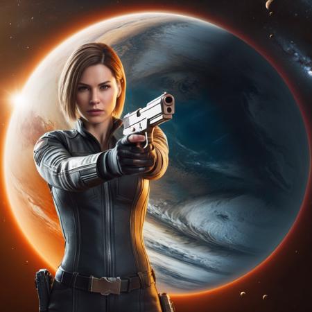 Hyperrealistic art of <lora:Perfect Hands:1.5>
a woman holding a gun in front of a giant planet Perfect Hands, Extremely high-resolution details, photographic, realism pushed to extreme, fine texture, incredibly lifelike