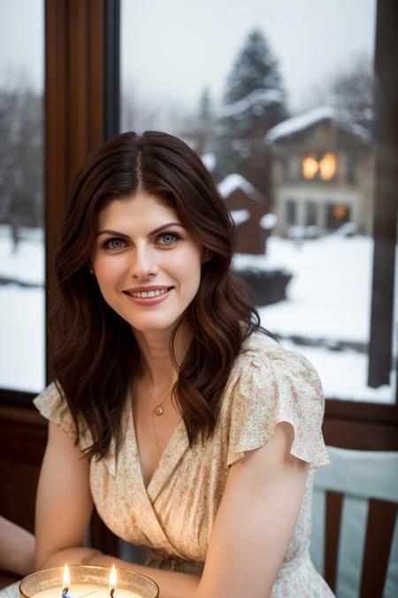 A RAW photo of alexandradaddario <lora:alexandradaddario:0.9> a gorgeous woman , wearing summer dress, afternoon light, cozy restaurant, night time, candle light, smirk, snowing outside window