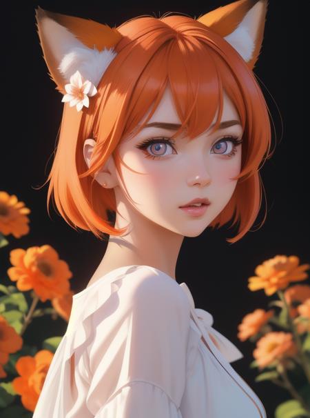 (masterpiece, best quality, absurdres:1.2), (in the style of Ilya Kuvshinov:1.4), sexy full body, flowers, orange long hairstyle, fox ears, beautiful eyes details, cute, beautiful detailed sexy clothes, colorful, beautiful background, dynamic lighting, shadow detailed, highly detailed, speed art, anime style, illustration, digital art <lora:jackie_blabla:1>