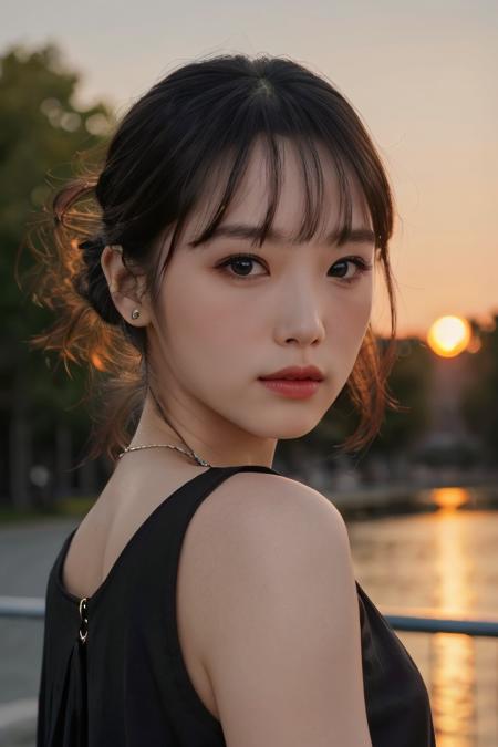 a woman, (photograph), masterpiece, (realistic), (hyperrealism), (photorealistic), (upper body:1.3), eye makeup:0.8, looking at the viewer, black dress, at the park, (sunset),  <lora:yenatest:0.45>