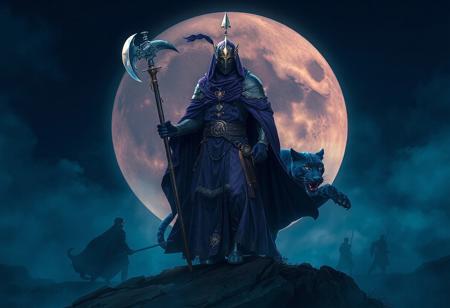 1. "Capture the Sacred Knight's Spearholder on a Shadow Moon, dressed in a full-body purple cloak, wielding an axe, and accompanied by a blue panther. Use micro details, lifelike details, and the golden ratio to create a highly detailed, 8k image with a dark blue misty background. Cinematic lighting and dark figures walking in the background will add to the atmosphere."
2. "Create a high-concept art piece featuring the Sacred Knight's Spearholder on a Shadow Moon, dressed in a full-body purple cloak and wielding an axe. Include a shepherd's crook, a forged sword, and the blue panther. Use micro details, lifelike details, and the golden ratio to create a highly detailed, hyper-realistic, 8k image with intricate jewelry and symmetrical compositions. Add cinematic lighting and dynamic, ambient, and volumetric lighting to enhance the mood."
3. "Design a detailed, 8k, HD, realistic illustration of the Sacred Knight's Spear
