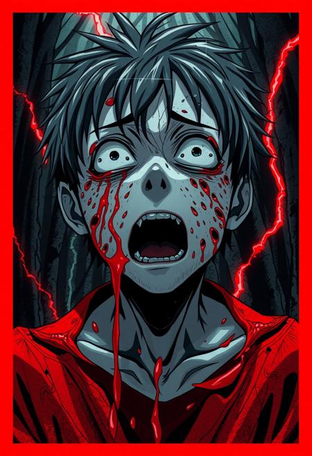 1boy, very scared expression, a lot of holes on his face, red water flowing from holes, black red and white colors background, sharp and bold borders and conturs, nightmare, anime, dark forest, schizophrenia, sharp lightning, sharp shadows