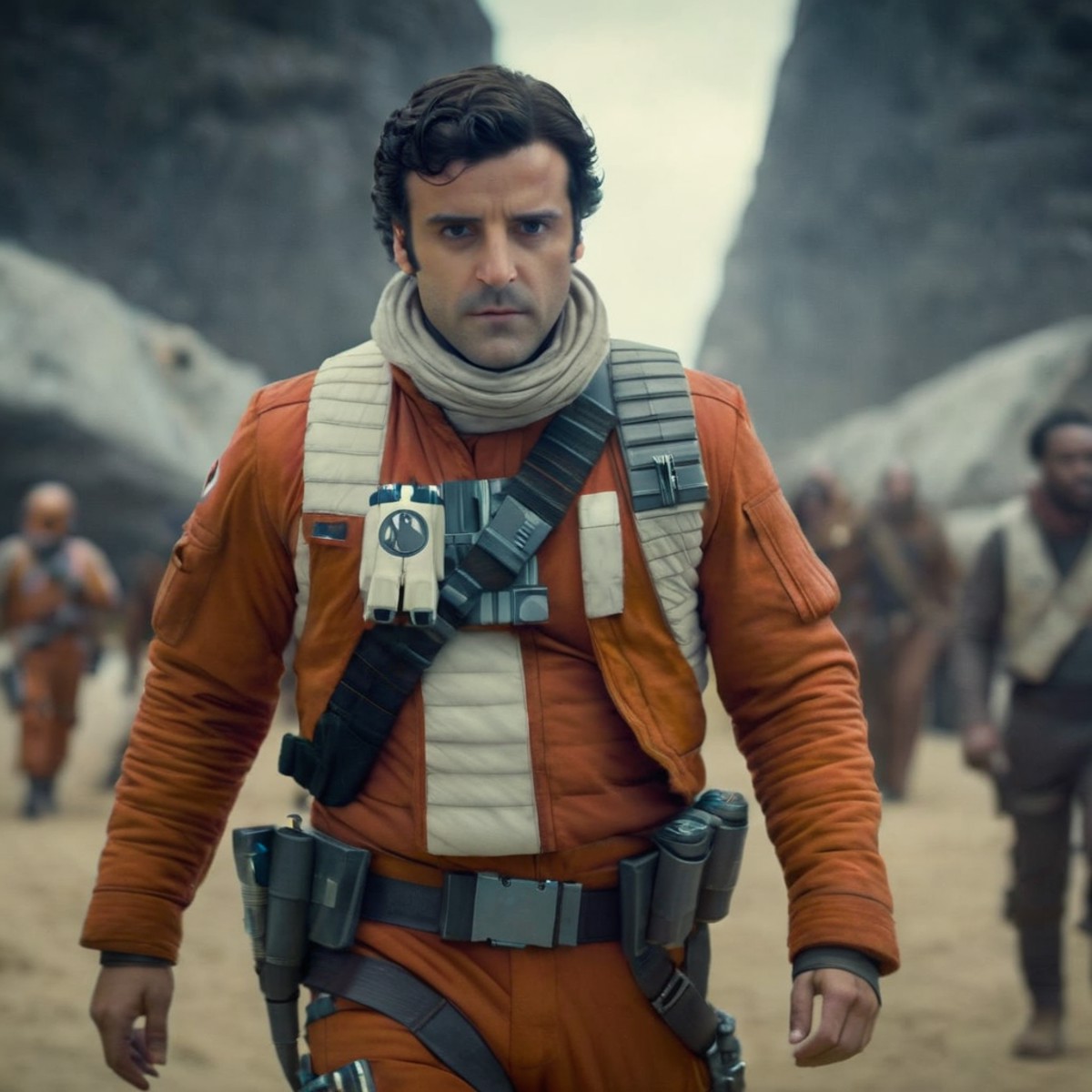 cinematic film still of  <lora:Poe Dameron:1.2>
Poe Dameron a man in a star wars pilot costume running In Star Wars Univer...