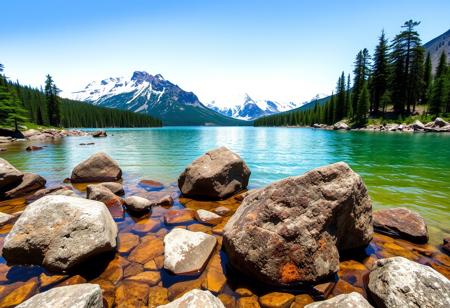 Photograph the emerald waters of Lake Espiel in Yoho National Park, Canada with rocky banks and snow-capped mountains visible on the horizon. Use a Canon EF lens for close-up shots to capture the texture of the rocks and water. The surrounding pine forest adds depth to the scene