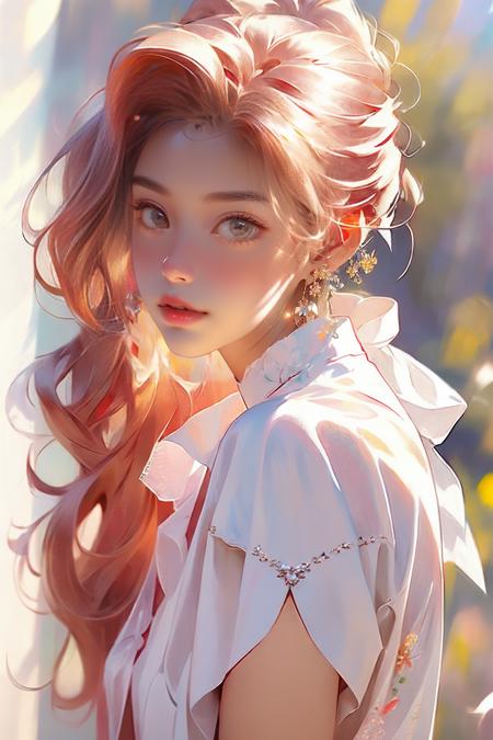 blurry, depth_of_field, blurry_background, earrings, 1girl, chinese_clothes, jewelry, blurry_foreground, solo, dress, china_dress, looking_at_viewer, outdoors, lips, ribbon, white_ribbon, extremely detailed CG unity 8k wallpaper,masterpiece, best quality, ultra-detailed, beautiful detailed eyes:1.2,best illumination, (best shadow, an extremely delicate and beautiful, bloom),
 <lora:fenhongnvhai:1>