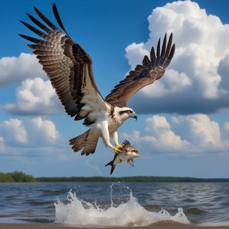 osprey eagle in flight rushing into the sea with a captured fish, blue sky background with cumulonimbus cloud, photography very realist