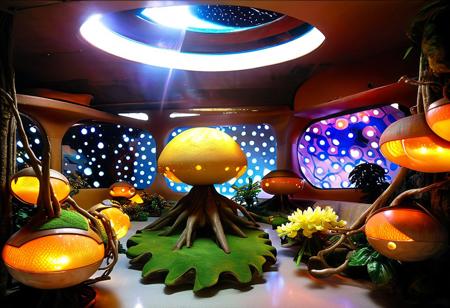 Photograph, masterpiece,best quality, of An astonishing award winning, art installation, the interior of an incredible starship, poly acrylic resin molded tree sculptures, fake plastic flowers, 1970s Brazilian Tropicalia retrofuturism, in the style of Pipilotti Rist, complex shadows, retro, science fiction style
