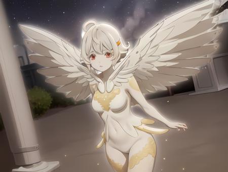 nasse_PE, ((nasse_PE)), 1girl, nude, angel, full body, looking at viewer, spread wings, red halo, golden shoulder tattoo, golden leg tattoos, gray angel wings, gray shoulder wings, feathered, short gray hair, hair between eyes, golden hairclips, ahoge, detailed face, red eyes, gray eyelashes, gray colored skin, (gray skin tone), nude, front view, small breasts, <lora:Nasse_PE-10:0.85>, (starry night sky:1, detailed background), ultradetailed, (masterpiece), best quality, intricate details, ultra details, ultra quality, (high contrast:1.1), (vibrant, colorful:1.3), (high sharpness)