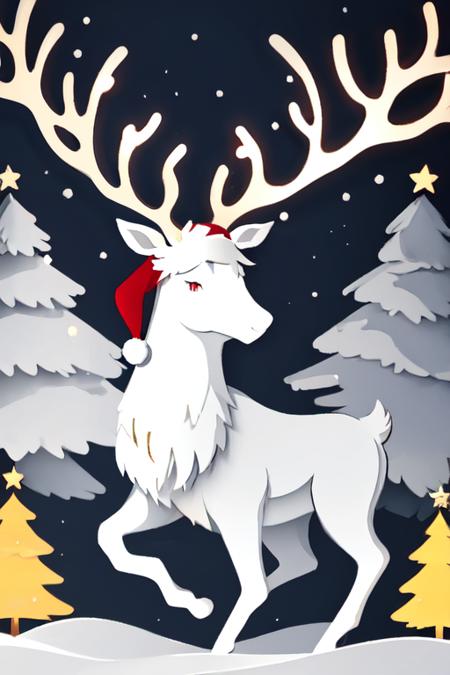 reindeer, <lora:reindeer_papercut:0.75>, raging, shiny, rndr, glowing, ramping, christmas lights, red ominous eyes