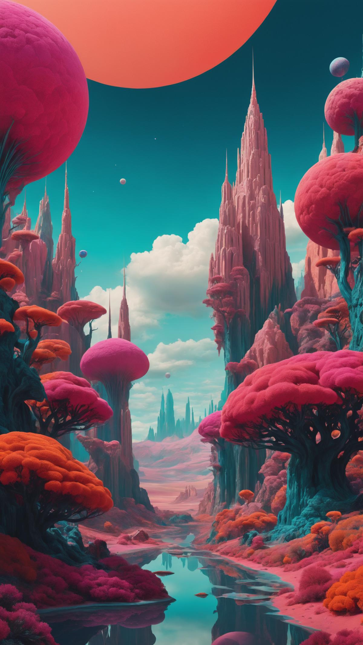 A surreal landscape featuring pink and purple mushrooms and towers.