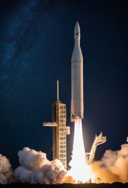 close-up European Ariane rocket during takeoff, starry night sky background