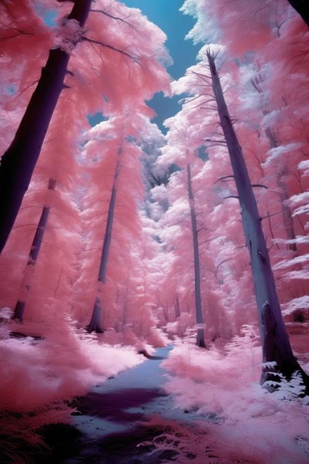 <lora:Infrared Photos:1>Infrared Photos - shot of forest shot on an infrared camera, best nanometer, most beautiful color of light spectrum