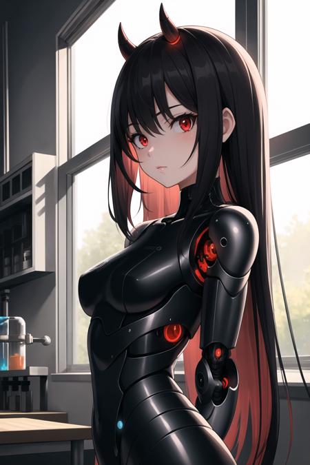 masterpiece,best quality,detailed,1girl,window,laboratory,girl|cyborg|demon,upper body,duster,red eyes,long hair,arms behind back