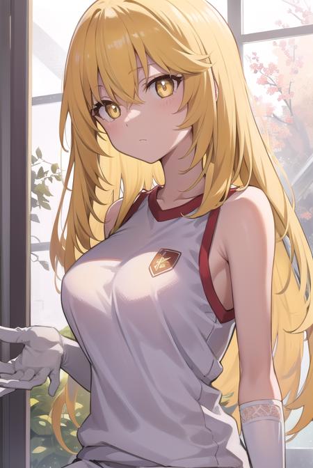 misakishokuhou, <lora:misakishokuhou:1>, misaki shokuhou, blonde hair, hair between eyes, long hair, symbol-shaped pupils, (yellow eyes:1.5)
BREAK bare shoulders, gloves, gym shirt, gym shorts, gym uniform, shirt, short shorts, shorts, sleeveless, sleeveless shirt, thighhighs, tokiwadai school gym uniform, white gloves, white shirt, white shorts, white thighhighs,
BREAK indoors, classroom,
BREAK looking at viewer, 
BREAK <lora:GoodHands-vanilla:1>, (masterpiece:1.2), best quality, high resolution, unity 8k wallpaper, (illustration:0.8), (beautiful detailed eyes:1.6), extremely detailed face, perfect lighting, extremely detailed CG, (perfect hands, perfect anatomy),