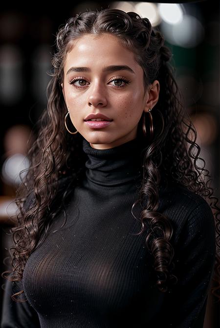 photo of seductive (Deb0r4G0m3s-420:0.99), a woman as a sexy student, closeup portrait, (curly hair:1.2) ([dress|jacket] turtleneck), at an (irish pub), (masterpiece photorealistic picture), (photorealistic:1.1) (bokeh) (best quality) (detailed skin texture pores hairs:1.1) (intricate) (8k) (HDR) (wallpaper) (cinematic lighting) (sharp focus), eyeliner, painted lips, (earrings), (vivid atmosphere)