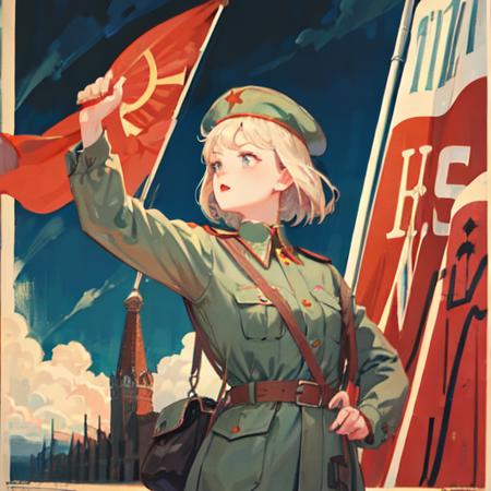 CCCPposter, soviet poster, poster , sovilet, flag, field, sky, uniform, 1girl, solo, calling, upper_body, <lora:CCCPposter_v1.0_locon_Adam8bits:0.7>