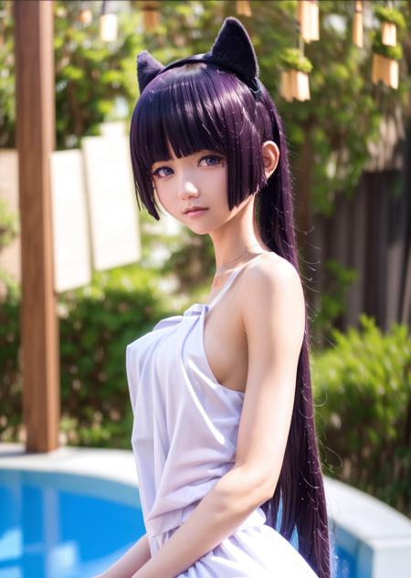 ultra realistic 8k cg, HDR, beautiful detailed glow, film Reflection, perfect artwork, sun lights, looking at viewer, masterpiece, picture-perfect face, beautiful face, exquisite facial features, hatsune miku, naked, lustrous skin, happy, small breast, finely detailed beautiful eyes: 1.2, 18 years old, pool background, solo, bokeh, sunlight, bloom, plants, dreamlike, unreal, pubic hair, cowboy shot, <lora:XL230614heimao:0.9>