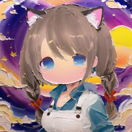 <lora:cute_oil:1>  chibi, cute oil , oil painting \(medium\), brush stroke, 1girl, :3, ahoge, animal ear fluff, animal ears, artist name, backlighting, bangs, black hair, blue eyes, border, breasts, brown border, brown shirt, cat ears, cat girl, closed mouth, cowboy shot, drill hair, eyebrows visible through hair, furry, green eyes, hair tie, hand up, happy, heterochromia, highres, jewelry, large breasts, long hair, long sleeves, looking at viewer, necktie, outdoors, outside border, overalls, paw print, pocket, power lines, red neckwear, road sign, ryuusui arumo, shiny, shiny hair, shirt, sidelocks, sign, signature, single earring, smile, solo, standing, sunset, tied hair, twin drills, twintails, utility pole, wide hips