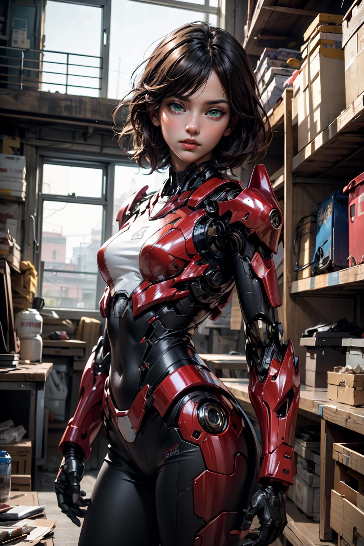 A computer-generated image of a woman in a red and white armored suit.