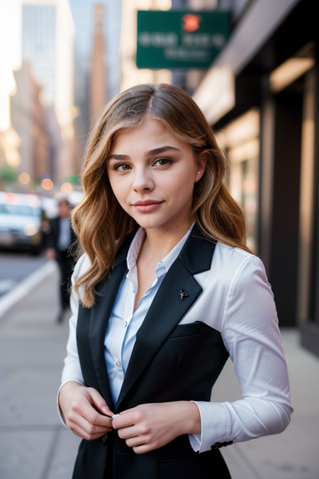 ChloeMoretz, photography by (Rodney Smith:1.3), ((upper body focus, shoulders)), modelshoot, pose, (business suit, black jacket, white blouse, facing viewer, busy Manhattan sidewalk, looking at viewer, blurry background, bokeh, ID photo:1.3), serious look