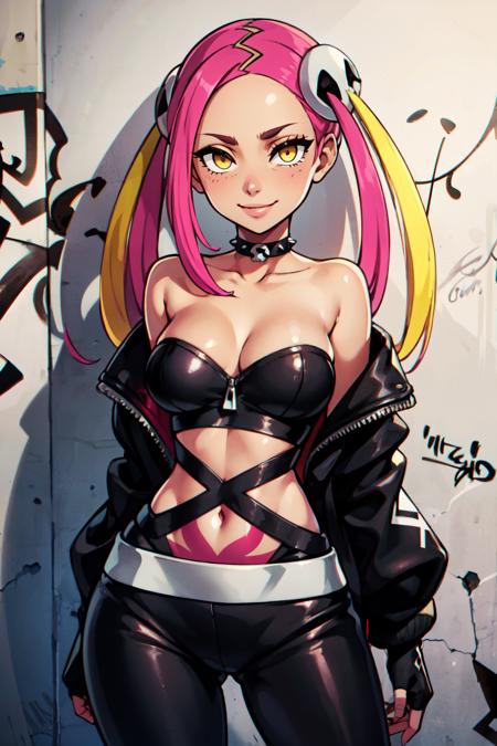 zzPlumeria, pink hair, multicolored hair, blonde hair, two-tone hair, long hair, yellow eyes, hair ornament, quad tails, breasts, eyeshadow, skull hair ornament, dark skin, black tank top, eyeshadow, makeup, black baggy pants, tattoo,