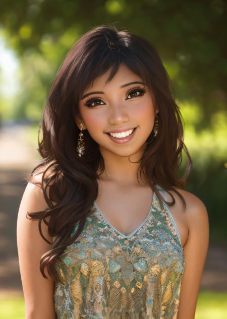 <lora:Kirstin_Maldonado:1>
photo of beautiful (Kirstin_Maldonado), ((ultra detailed, masterpiece, best quality)), sfw, best quality, ultra high res, ultral detailed face and eyes, (photorealistic:1.4), 1 woman, brown eyes, dark hair
woman standing sideways to the viewer looking back, standing perpendicular, bare shoulders, blurry background, bokeh, brown eyes, bush, day, depth of field, forehead, lips, long hair, looking at viewer, motion blur, open mouth, outdoors,  realistic, tank top, teeth, tree, upper body, (extremely detailed skin), (flawless skin), (model pose), (natural light), (high quality photography), (intricate details), (8k), (HDR), (sharp focus)