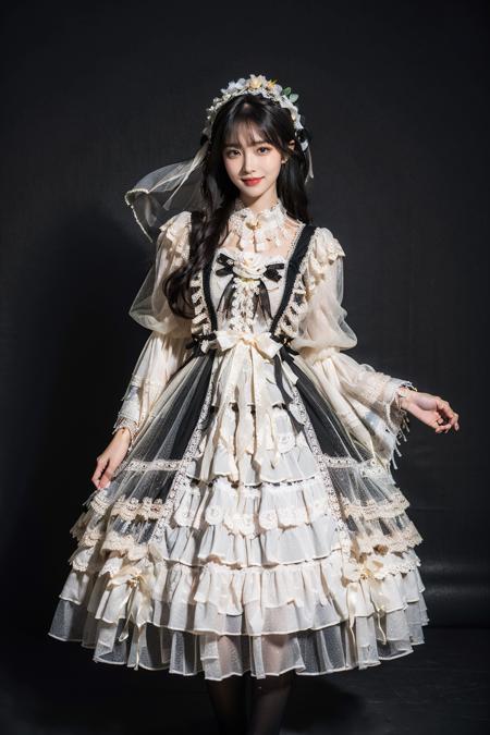 best quality, masterpiece, photorealistic, 1girl, solo, full body, standing, long black straight hair, blunt bangs, looking at viewer, smile, black dress, lo dress, layered dress, veil, lace-trimmed dress, long sleeves, puffy sleeves, wide sleeves, see-through sleeves, jewelry, frills, hair ornament, hair flower, long dress, lace, white thighhighs, high heels, simple background, <lora:lo_dress_classic_style2_v2:0.65>