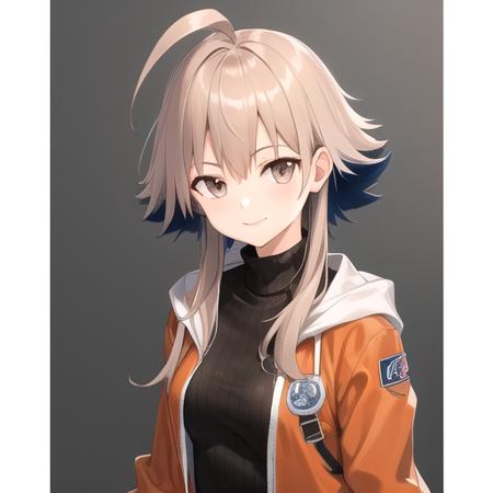 ((masterpiece)),(best quality),official art,extremely detailed CG,unity 8k wallpaper,ultra detailed,1girl,solo,upper body,(portrait:1.2),black_gloves,orange_footwear,tail,orange_jacket,ribbed_sweater,open_jacket,smile,black_pantyhose,black_sweater,sidelocks,sneakers,boots,bangs,brown_eyes,breasts,grey_eyes,long_sleeves,looking_at_viewer,ahoge,turtleneck_sweater,short_hair_with_long_locks,<lora:Mayer(ark)>,