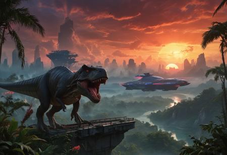 An epic 16:9 panorama showcases a prehistoric scene with a 
(T-Rex roaring under a thunderous sky),
(The serene spaceship hovers, casting glow over the landscape.) 
(Indiana Jones stands heroically with a sunset silhouette  luminescent hand reaches out from the foliage, touching a red stone.) 
(The right side features the menacing  shark ) 
( battleground with WWII Soldiers.)
(To the left, a futuristic  cityscape unfolds with neon lights and maglev trains.)
The color palette is rich, contrasting warm sunset tones with cool night blues, fiery breath with alien light, and vibrant greens with dystopian neons. Each iconic element is balanced, creating a thrilling cinematic tableau that captures adventurous spirit. --chaos 100