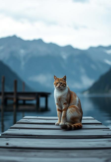 (Soft Lighting Photography by Mimoza Veliu and Mario Giacomelli:1.2), NSFW, Cinematic photography. A photo-realistic shoot of a cat sitting at the end of a jetty on tranquil mountain lake, with mountains in the background,.