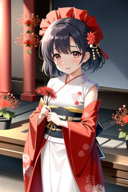 8k, (ultra-detailed eyes:1.1), ultra-detailed, extremely detailed CG, (masterpiece:1.1), (best quality:1.4), extremely detailed CG, (post processing:1.4), (extremety fine and beautiful:1.4), shiragiku hotaru, arm up, armpits, cute girl,14 years old, young girl, 1girl, black hair,  short hair, violet eyes, smile, blurry background, idol, Red Spider Lily, holding Red Spider Lily, detached sleeves ,floral print kimono, japanese clothes, long sleeves, kimono, obiage, obijime, print kimono, print sleeves, red ribbon, red sash, sash, white kimono, white sleeves, wide sleeves, reaching towards viewer, ((standing)), 
intricate detailed (iris, eyes),
detailed(hair, beautiful finely eyes, skin, cloth texture),CGI art, <lora:shiragiku hotaru2-000004:0.8>