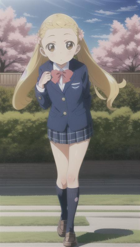 1girl, (full body), (little girl:1.2), (Walking to school through rows of cherry trees), (makihatayama_hana), blonde hair, long hair, twintails, hair intakes, brown eyes, dot nose, (school uniform), blazer, checkered pleated skirt, (kneehighs), loafers, <lora:hana_makihatayama:0.8> , (model pose), blue sky, park, sakura flower, sakura petal floating around ,school,