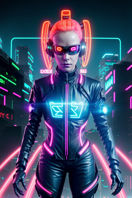 ((elderly woman, futuristic cyberpunk style, wise eyes glowing with neon violet, silver hair pulsing with Tron Legacy circuits, sexy cyberpunk hacker in a futuristic robe with blue neon lines, digital effects shimmering, (elderly:1.1)):1.0), ((striking futuristic features, cyberpunk eyes glowing with neon lasers, neon-pink hair spiking with Tron Legacy grid patterns, sexy cyberpunk hacker with a Daft Punk-inspired glowing helmet, electric sparks and digital pulses):1.0), ((slender futuristic figure, legs stretching with glowing neon blue lines, sexy cyberpunk hacker with a whip-thin tail accessory glowing orange, digital lines zipping like a bullet train):1.0), ((futuristic digital suit, form-fitting with neon violet Tron Legacy grid lines, sexy cyberpunk hacker with glowing Daft Punk-inspired gloves, digital glitches shimmering):1.0), ((futuristic neon city, skyscrapers pulsing with neon violet Tron Legacy lines, streets glowing with orange digital rivers, robot citizens with blue neon accents, speed lines and digital glitches everywhere):1.0), ((fierce futuristic stance, squared shoulders with neon orange Tron Legacy lines, cyberpunk eyes glowing with digital intensity, sexy cyberpunk hacker in a battle pose, digital sparks and chaos):1.0), <lora:CiTron_Legacy_P1:1.3> neon tron