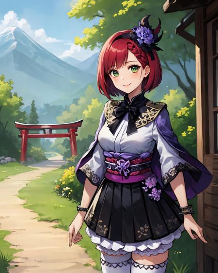 best quality, (masterpiece:1.2), illustration, absurdres,
(1girl, solo), (beautiful detailed girl), cowboy shot,
<lora:GraciaSW3-08:0.8>, Gracia Hosokawa, red hair, short hair,  (large hair ornament), green eyes, small breasts,
purple and black shirt, ornate shirt, purple sleeves, black skirt, ornate skirt, bloomers, purple capelet, (white thighhighs:1.1), ornate black boots, purple bracelet,
grassy mountains, trees, japanese architecture, river, plants,
smile, looking at viewer, 
((standing))