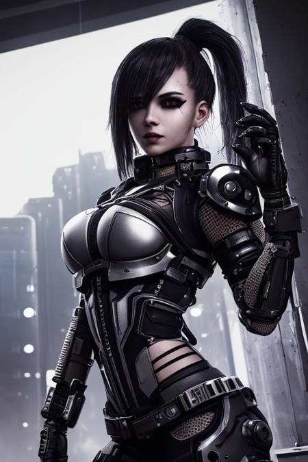 girl, cyberpunk augmentation, cyberware, cyborg, carbon fiber, chrome, implants, metall skull, bloody, cyber plate armor, dark atmosphere, dark night, scars, (black short disheveled hair:1.1), black eyeshadow, beautiful detailed glow, detailed, Cinematic light, intricate detail, highres, rounded eyes, detailed facial features, high detail, sharp focus, smooth, aesthetic,  extremely detailed, insanely detailed and intricate dark industrial factory background, slim body, stylish pose,