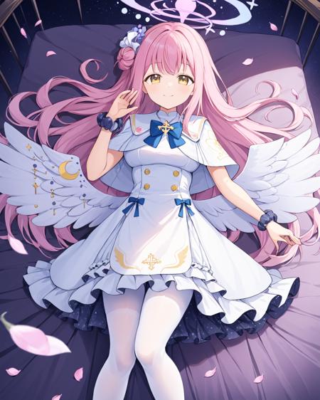 mika \(blue archive\),1girl, solo, smile, white_dress, looking_at_viewer, halo, blue_bow, chain, hair_flower, white_wings, on_back, wrist_scrunchie, white_pantyhose, single_side_bun, angel_wings, frilled_dress, capelet, feathered_wings, closed_mouth, bed_sheet, hand_up, petals, medium_breasts, sidelocks, crescent, on_bed
<lora:mika_(blue_archive)_image1356_2023-11-18_spv-000030:1>,halo,. gorgeous,key visual, vibrant, studio anime,award-winning, professional, highly detailed,high budget, cinemascope