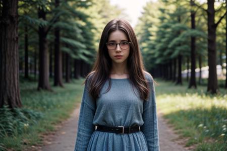 35mm film, one pretty european girl, solo, supermodel, long light brown hair, long wavy hair, pale skin, perfect face, small nose, red lips, blue eyes, big tits, nice breasts, necklace, black framed glasses, short blue lace dress with a belt, white long heel shoes, looking at viewer, looking directly at viewer, green forest view, offering panoramic views of majestic and sweeping trees, nature light, early spring season, full body view of girl, epiCPhoto, <lora:pytorch_lora_weights:0.5>, <lora:picxer_real:0.7>, <lora:FilmVelvia3:0.3>, <lora:more_details:0.6>
