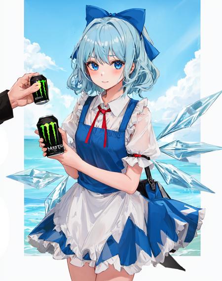 1girl, cirno,  holding monster energy,  monster energy, focus monster energy,  <lora:my_LoRA_monsterEenergy_v2:0.5>