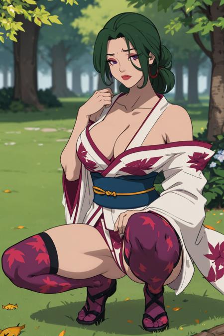 (masterpiece, best quality:1.2), <lora:discreenvision:1>, discreenvision, 1girl, solo, breasts, scar, purple eyes, japanese clothes, kimono, fishnets, green hair, scar on face, thighhighs, sarashi, leaf print, large breasts, scar on cheek, fishnet thighhighs, sash, squatting