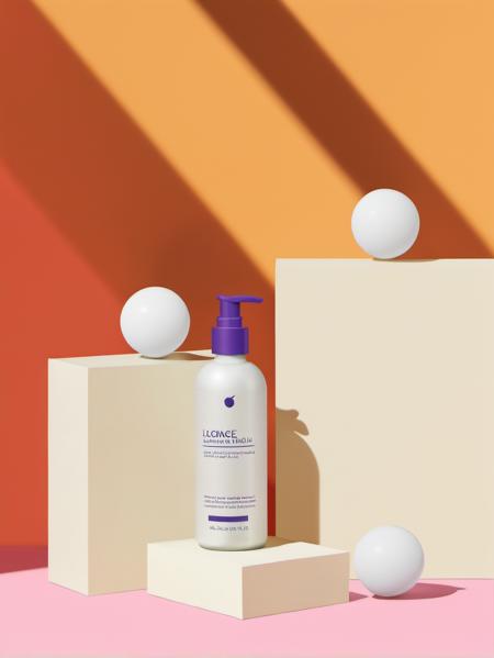 no humans, shadow, ball, simple background, AI Flat design, a bottle of lotion sitting on top of a white box next to a white box with three balls