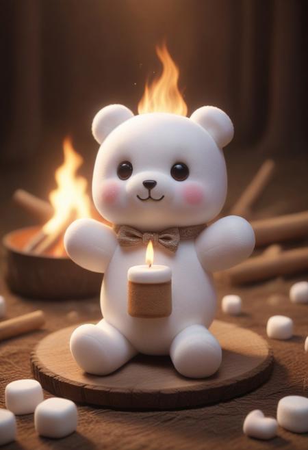 whimsical, ((marshmallows)), smores, teddy bear, campfire, cute, chibi, fluffy, High Quality, Soft Texture, Full Colour, made of ral-smlvltnpls, masterpiece, dynamic, awesome quality,soft lighting,artistic composition, high contrast, high resolution, visual aesthetics, masterpiece, sfw