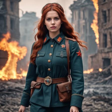 Beautiful Soviet woman soldier in WWII style, Intricately Designed Soviet brown military uniform, ultra-realistic body, realistic dirty face, bloody battle full of dirt and blood, fighting position, wavy red hair, Realistic blue eyes, big beautiful pupils, 8K, fire, dramatic war atmosphere, cinematic lighting