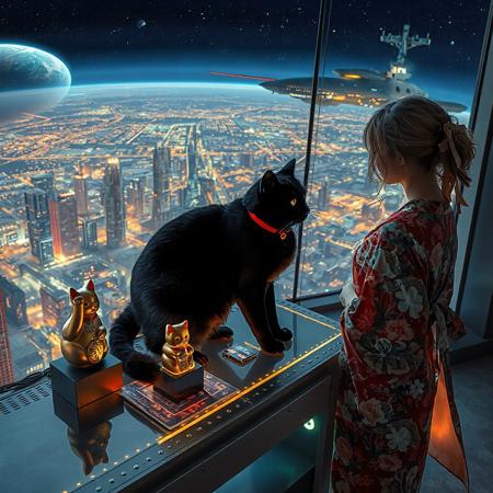 A sleek black cat with red collar sits on a cluttered metal riveted desk with transparent top and micro-LED lighted computer components visible inside, On the desk is a gold and lacquer maneki neko statue and, the Black Cat is looking out of a seamless and futuristic floor to ceiling window with a view from low orbit, the planet is covered with the lights of enormous buildings and cities that maintain realistic scale, (((a beautiful woman, 24 years old, is standing next to the desk the cat is sitting on and looking longingly out the window, the woman is dressed in casual, but beautifully designed thin summer sexy yukata. An enormous deco starship with futuristic lighting and an enormous space station are visible in the background among the stars, The woman's hair is messy from just waking up and tied up with a ribbon.  Artistic art deco, dynamic perspective, (((overall architectural aesthetic is Art Deco Cyberpunk))).  Epic image that elicits a feeling of wonder and awe, inspired composition of a master image artist using exact proportionality and exquisite use of colors light and shadows,