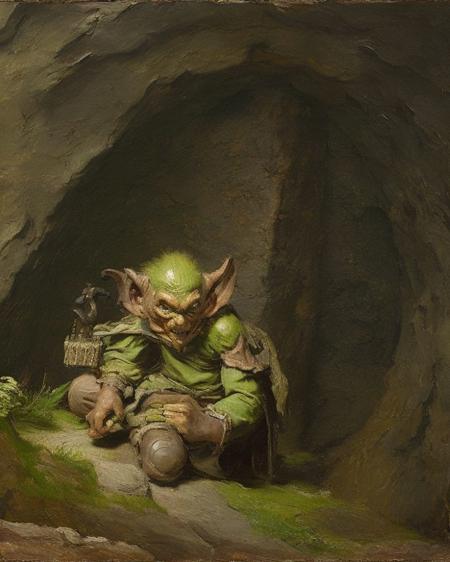 a diminutive olive-green-skin goblin emerging from the shadows of a long cave, wiry arms and taloned hands, short monster is scrawny, very detailed and highly textured goblin wearing a metal cap and brown leather tunic, black eyes, painting by classipeint, goblin with olive-green skin fantasy painting, background is a deep cave with distant light source and mossy rough walls