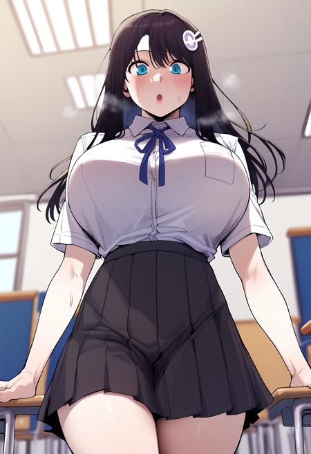 hair ornament, long hair, blue eyes, brown hair, black hair, sidelocks school uniform, blue ribbon, neck ribbon, brown jacket, white shirt, collared shirt, long sleeves, black skirt, pleated skirt school uniform, blue ribbon, neck ribbon, white shirt, collared shirt, short sleeves, black skirt, pleated skirt ponytail, white bikini, pink bow, cleavage, collarbone, bare shoulders