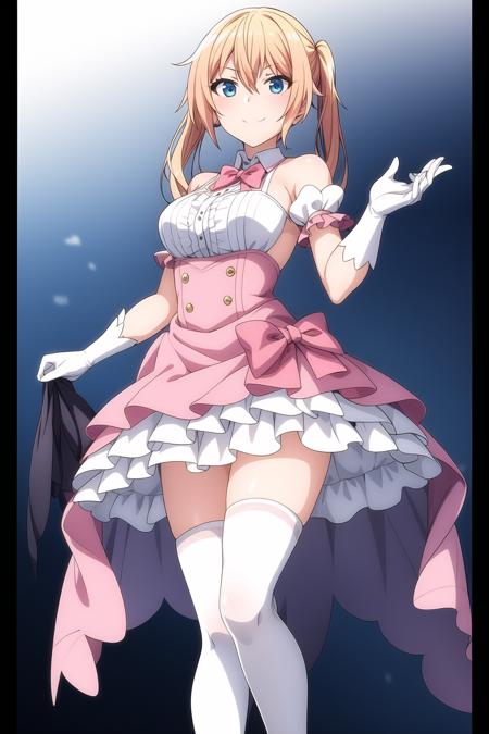 1girl, bangs, dark blue eyes, blonde hair, hair between eyes, medium hair, looking at viewer, smile, solo, twintails, homare_onishima, bare shoulders, black border, bow, dress, frills, gloves, jewelry, pink bow, pink footwear, pink ribbon, puffy short sleeves, puffy sleeves, short sleeves, solo, standing, thighhighs, white gloves, white legwear, <lora:add_detail:0.7>