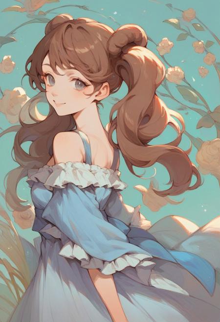 score_9, score_8_up, score_7_up, source_anime
best quality anime, intricate details, side view, half body shot, 1girl, 
puffy body, brown ponytails with fringe, looking at viewer, grey eyes, makeup, 
smiling, standing, light blue top, bare-shoulder, light blue long skirt, artistic stylised background