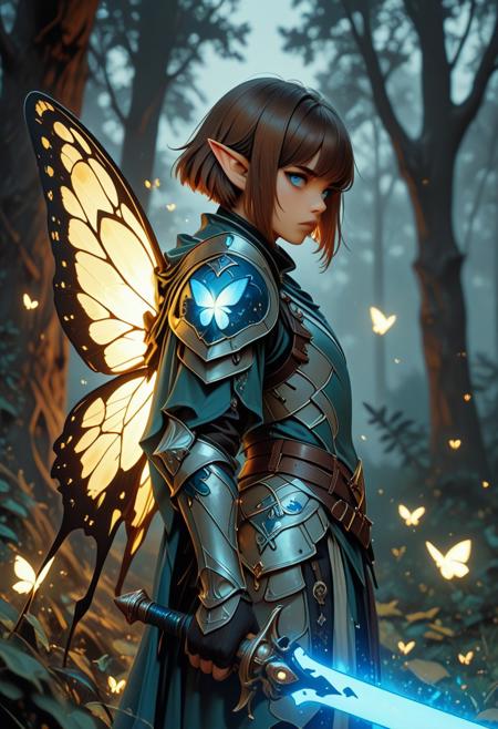 score_9_up, score_8_up, score_7_up, score_6_up. masterpiece, best quality, good quality, very aesthetic, absurdres, semirealism, fantasy, 8K, depth of field, focused subject, cowboy shot, Elf knight, 19yo male, androgynous, pointed ears, short brown hair, male haircut, blue eyes, wearing detailed armor, wielding blue glowing sword, he is standing, sword resting against the ground, large white glowing butterfly wings on the knight's back, trees in background, hkvaloria