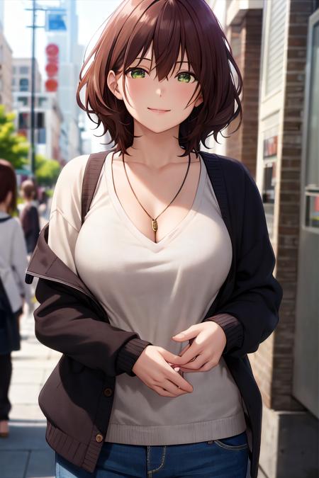 masterpiece, (best quality), 1woman,1girl ,aoihinami, , short hair, green eyes, white shirt,cardigan,sexy woman,jacket, necklace, jewelry,closed clothes,  smile, hair between eyes, vibrant colors ,natural lighting  ,RTX,  , beautiful, (detailed face:1.2), showcase, (perfect eyes:1.1) ,(photorealistic:1.1), 8k uhd,  looking a viewer, outdoors,  simple backround