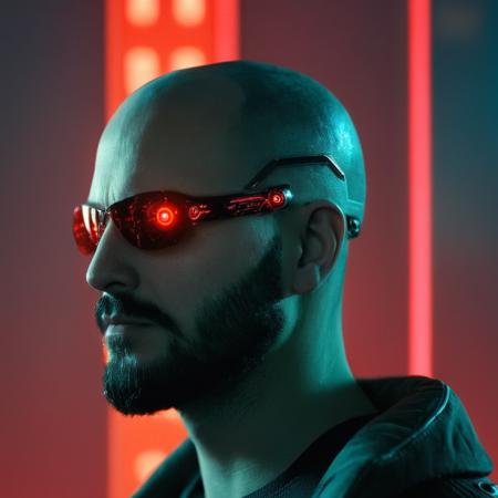 cinematic film still of  <lora:perfection style:0.3>
 <lora:cyberpunk style v2:0.9>
 <lora:Unreal Engine style:0.2>
In Cyberpunk city a man with a weird looking head and a cyberware multiple eyes red light engraved on his face,solo,1boy,jewelry,male focus,earrings,glowing,facial hair,dark-skinned male,portrait,glowing eyes,beard,science fiction,realistic,bald,cyborg,cyberpunk , science fiction, futuristic setting, detailed background, dramatic light, dramatic shadow light, contrast, cinematic color, cinematic look, filmic, realistic, realism, perfection, perfect, different, cinematic, film, cinematography, artstation, Cyberpunk city style, Cyberpunk style, shallow depth of field, vignette, highly detailed, high budget, bokeh, cinemascope, moody, epic, gorgeous, film grain, grainy
